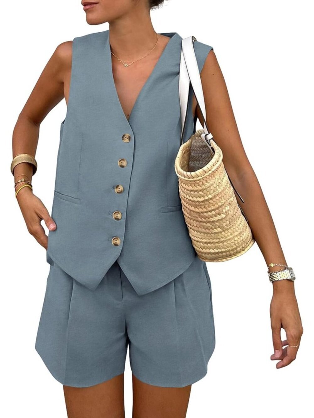Women's Grey Summer 2 Piece Sleeveless Matching Sets Button Down V Neck